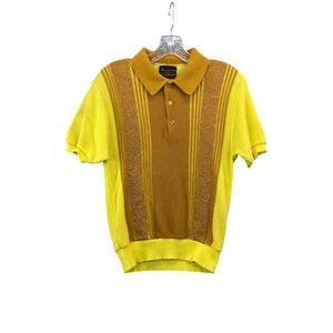Sears Knit Polo Shirt Mens Small Yellow Gold Vintage 70s Striped Orlon Disco